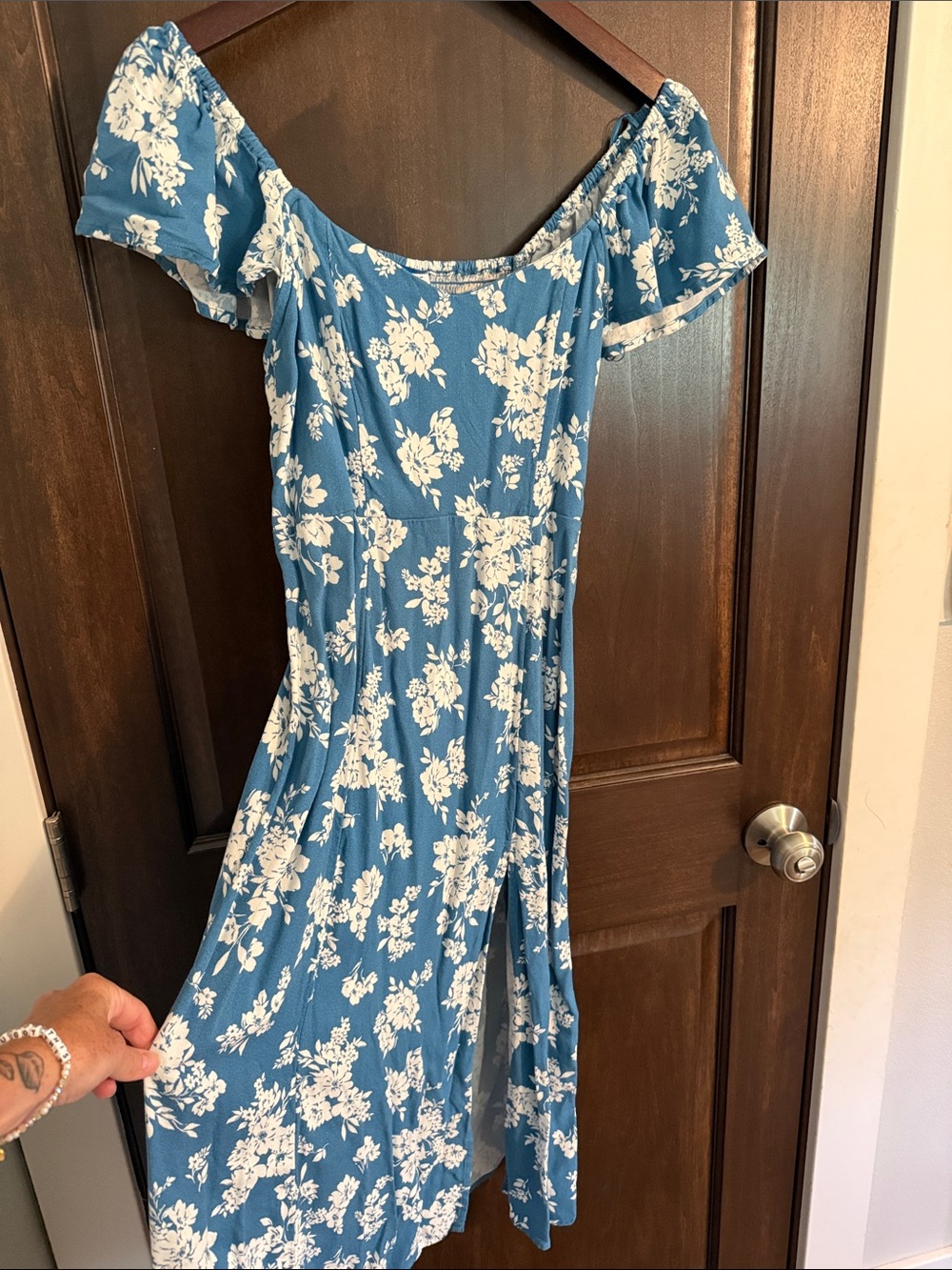 Old Navy Blue and White Floral Off-Shoulder Midi Dress